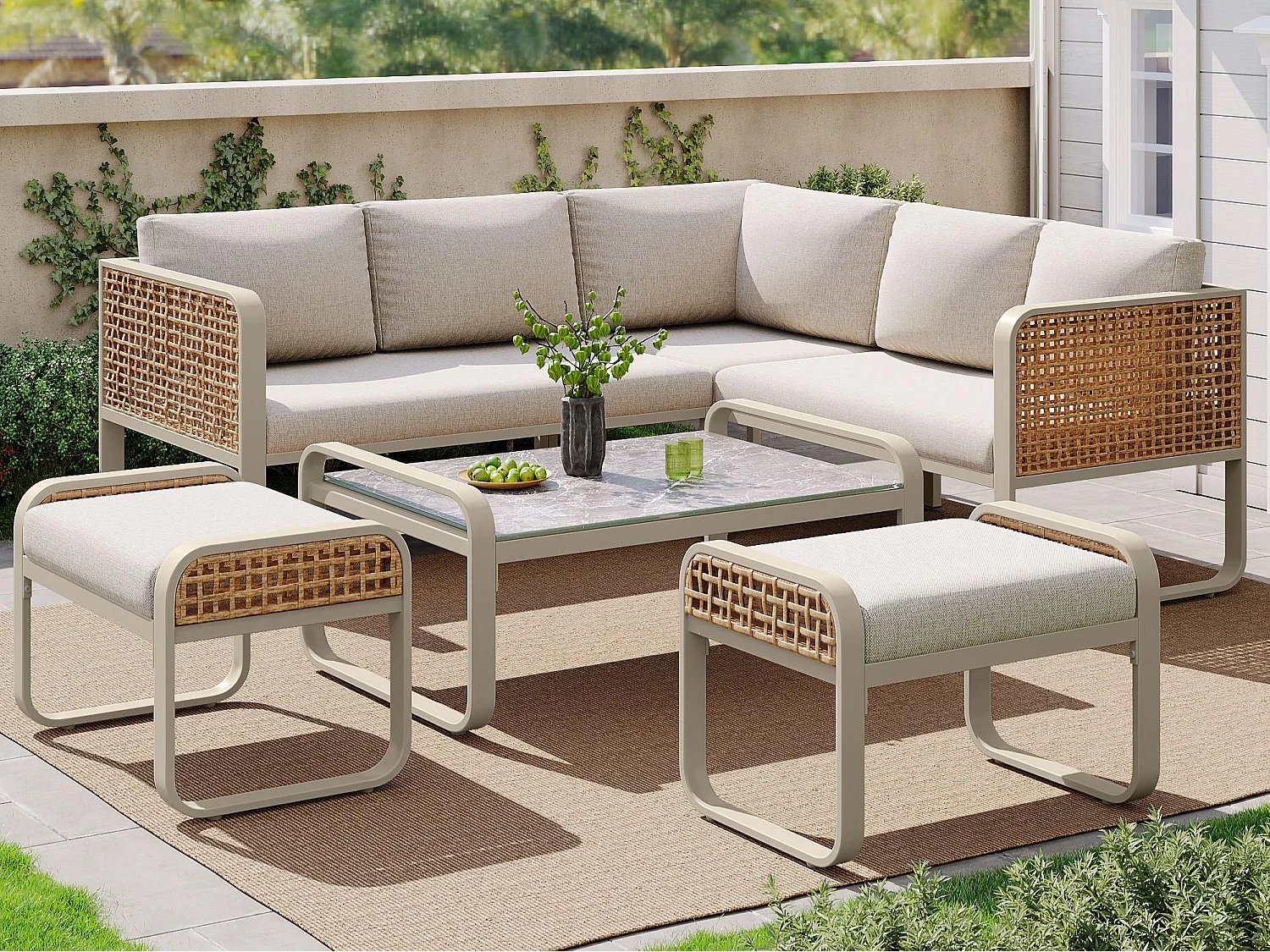 Gartenmöbel-Set, Rattanmöbelgruppe für 6-7 Personen, Eckcouch - aus verzinktem Eisen, höhenverstellbare Füße, Beige