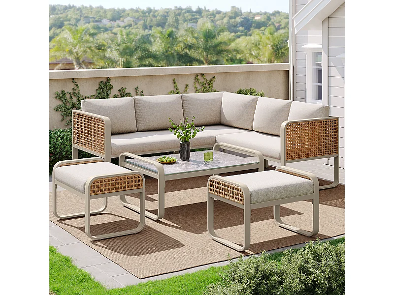 Gartenmöbel-Set, Rattanmöbelgruppe für 6-7 Personen, Eckcouch - aus verzinktem Eisen, höhenverstellbare Füße, Beige