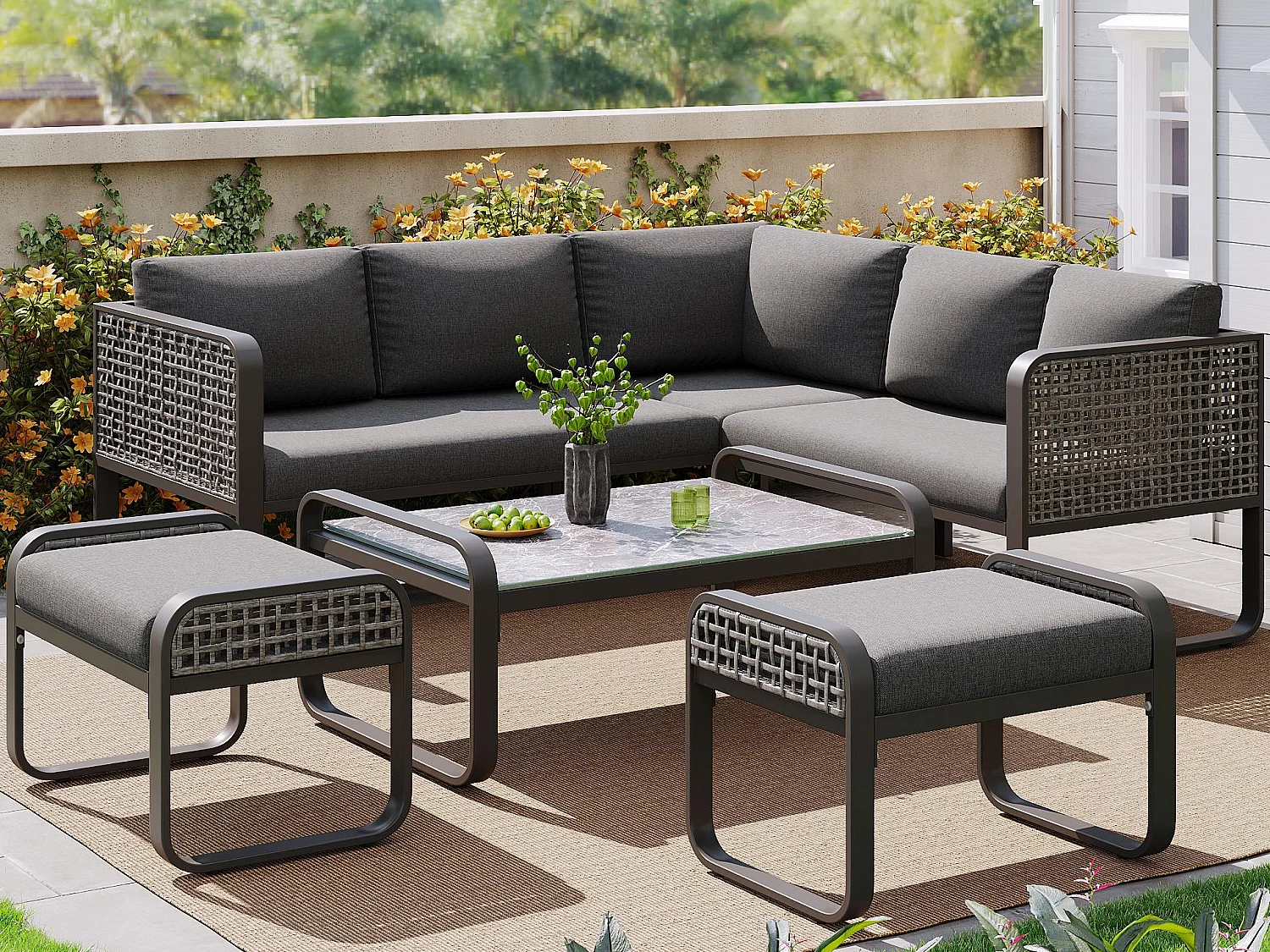 Salon de jardin, ensemble de meubles en rotin pour 6-7 personnes, canapé d'angle - 2 tabourets - en fer galvanisé, pieds réglables, gris