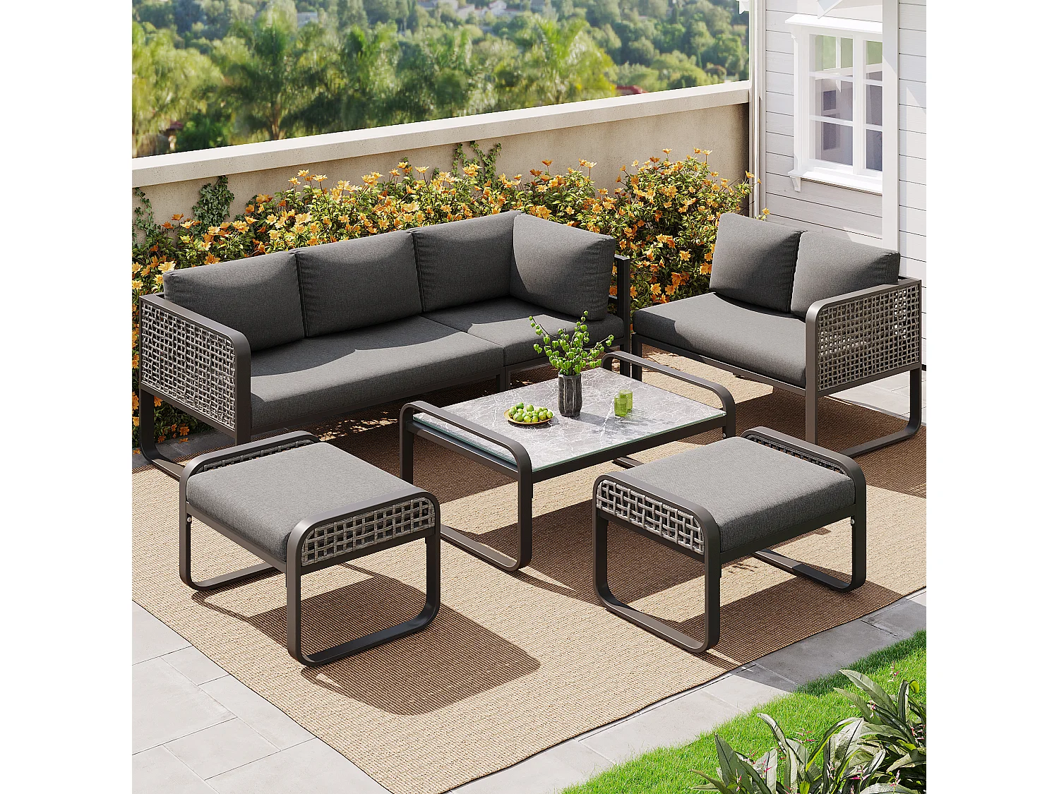 Salon de jardin, ensemble de meubles en rotin pour 6-7 personnes, canapé d'angle - 2 tabourets - en fer galvanisé, pieds réglables, gris