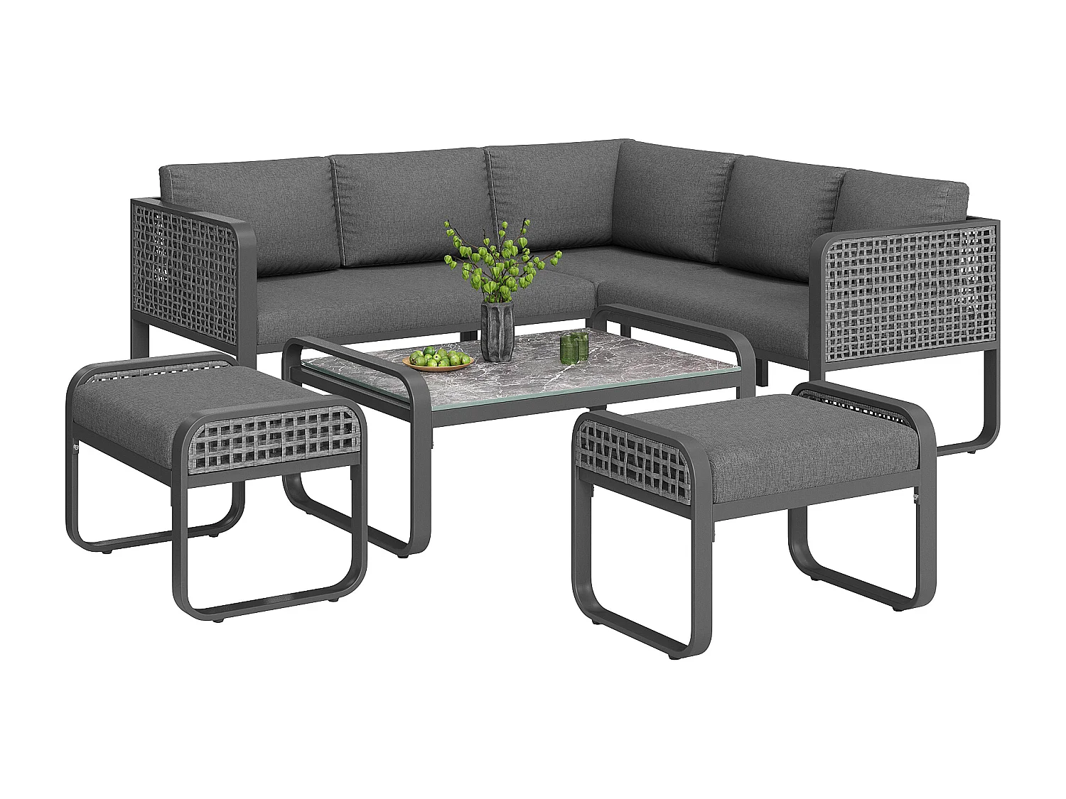 Salon de jardin, ensemble de meubles en rotin pour 6-7 personnes, canapé d'angle - 2 tabourets - en fer galvanisé, pieds réglables, gris