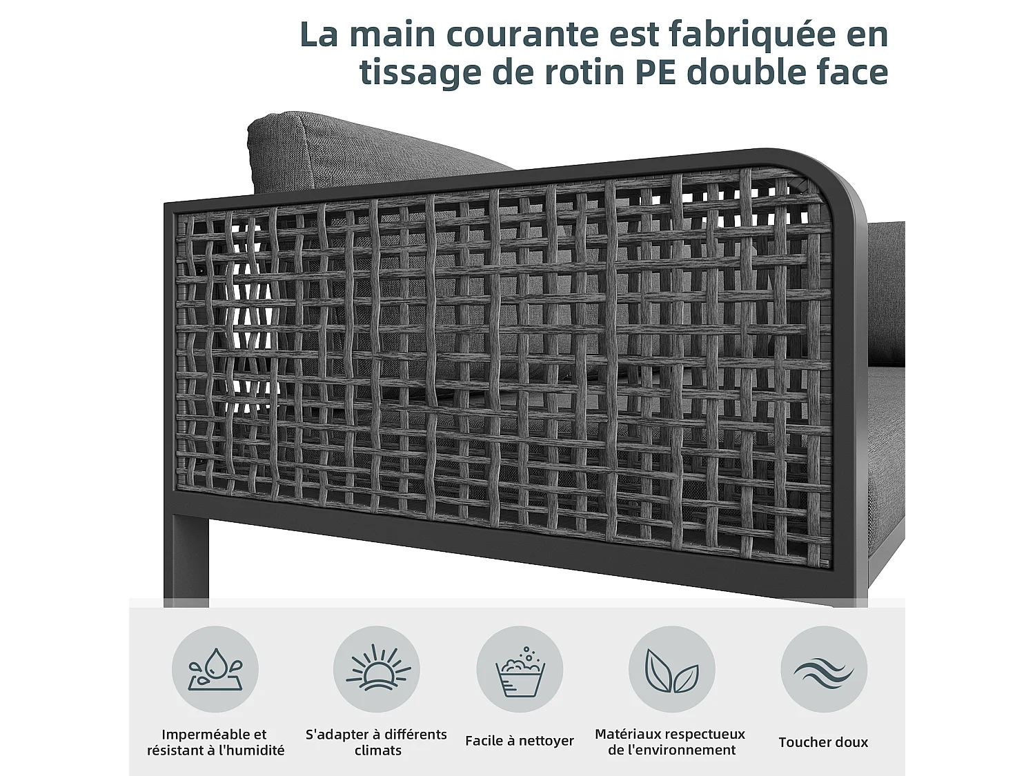 Salon de jardin, ensemble de meubles en rotin pour 6-7 personnes, canapé d'angle - 2 tabourets - en fer galvanisé, pieds réglables, gris