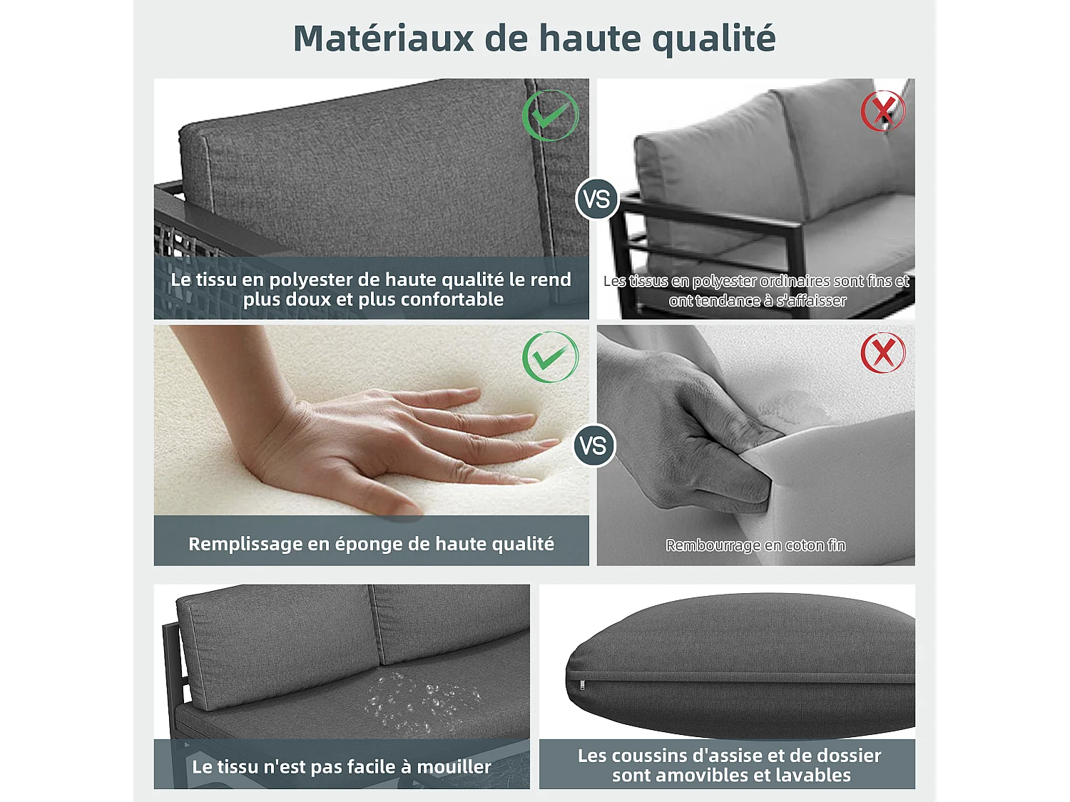 Salon de jardin, ensemble de meubles en rotin pour 6-7 personnes, canapé d'angle - 2 tabourets - en fer galvanisé, pieds réglables, gris