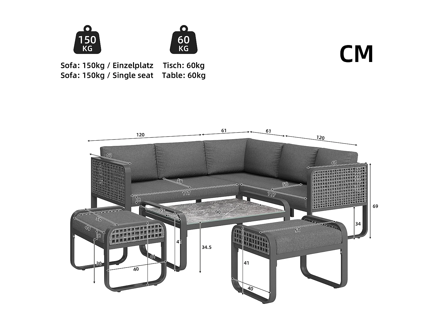Salon de jardin, ensemble de meubles en rotin pour 6-7 personnes, canapé d'angle - 2 tabourets - en fer galvanisé, pieds réglables, gris