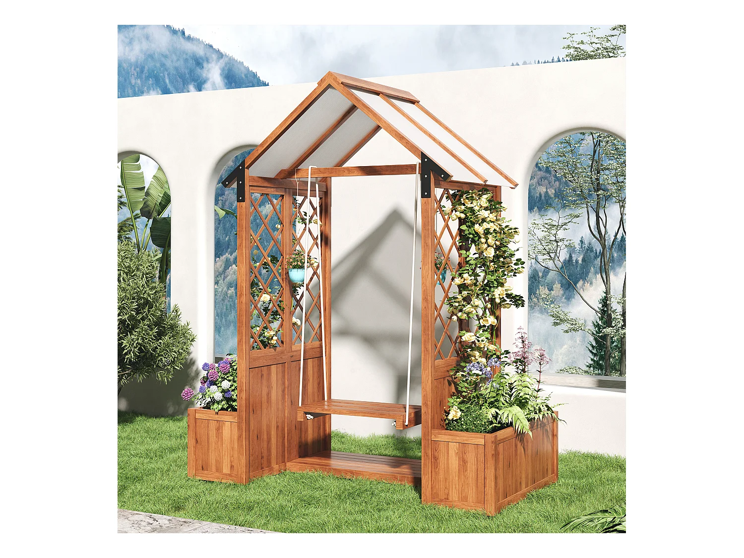 Bloempot van massief hout - buitenzwaai - bloempot met raster als - met opvouwbaar dak van polycarbonaat - bruin