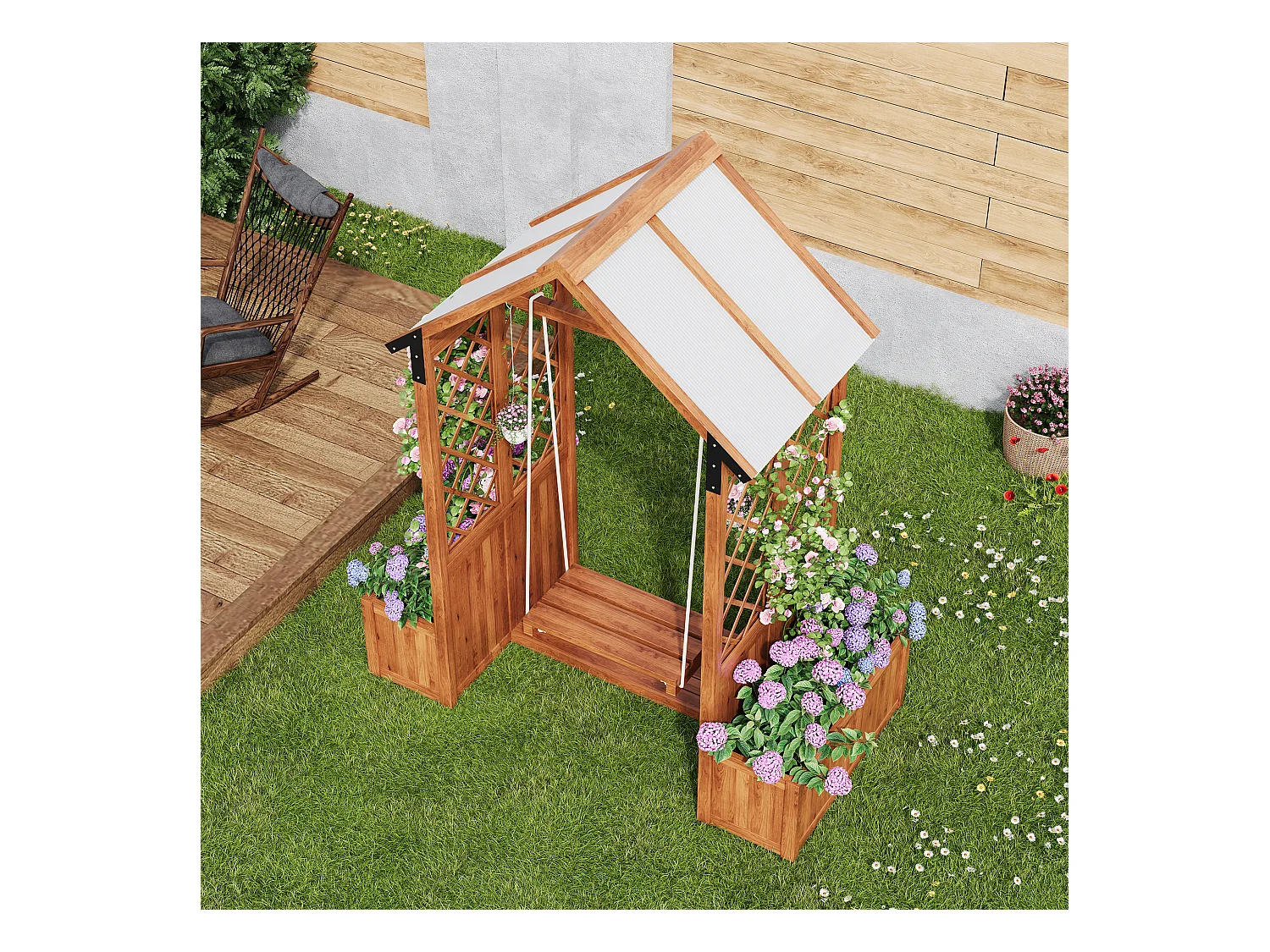 Bloempot van massief hout - buitenzwaai - bloempot met raster als - met opvouwbaar dak van polycarbonaat - bruin