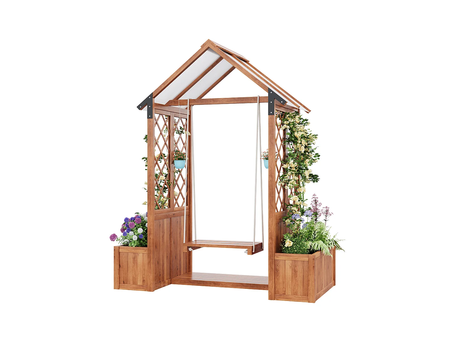 Bloempot van massief hout - buitenzwaai - bloempot met raster als - met opvouwbaar dak van polycarbonaat - bruin