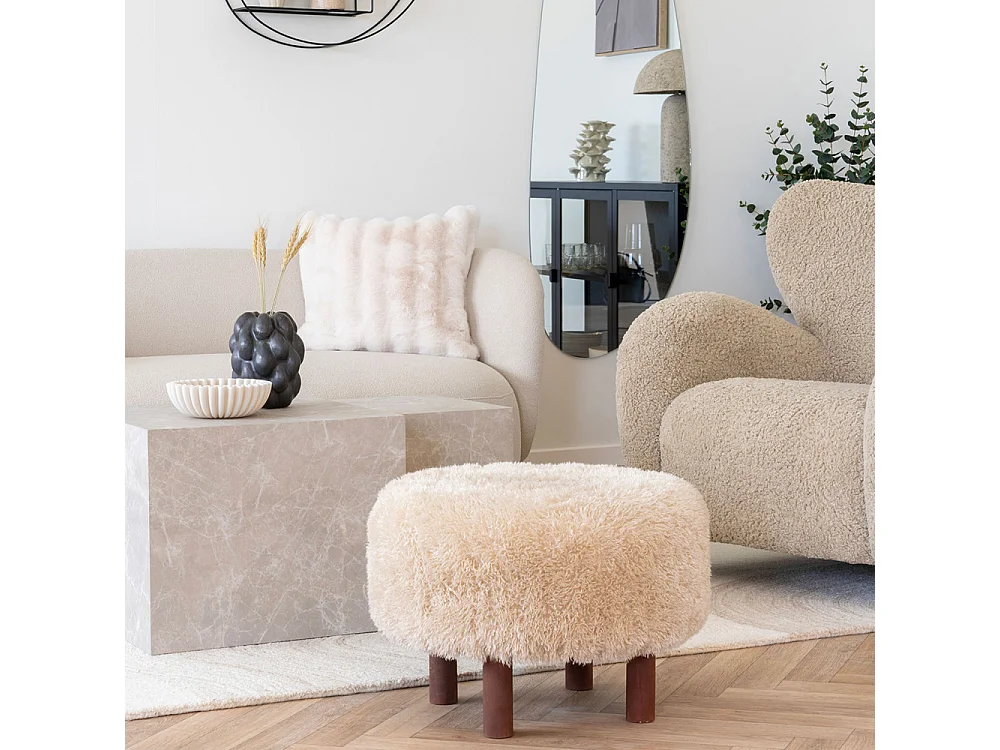 Inverness - Pouf rond imitation fourrure ø50cm - Beige
