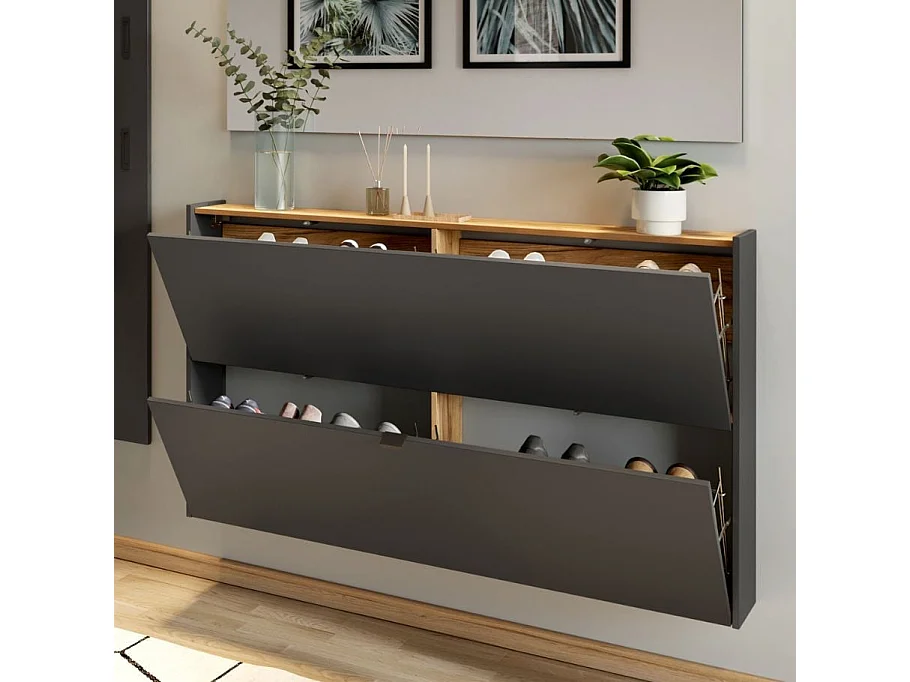 Meuble à chaussures suspendu 140 x 85 x 19cm couleur graphite et bois Justy