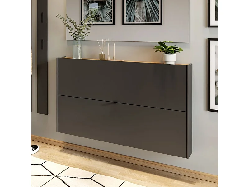 Meuble à chaussures suspendu 140 x 85 x 19cm couleur graphite et bois Justy