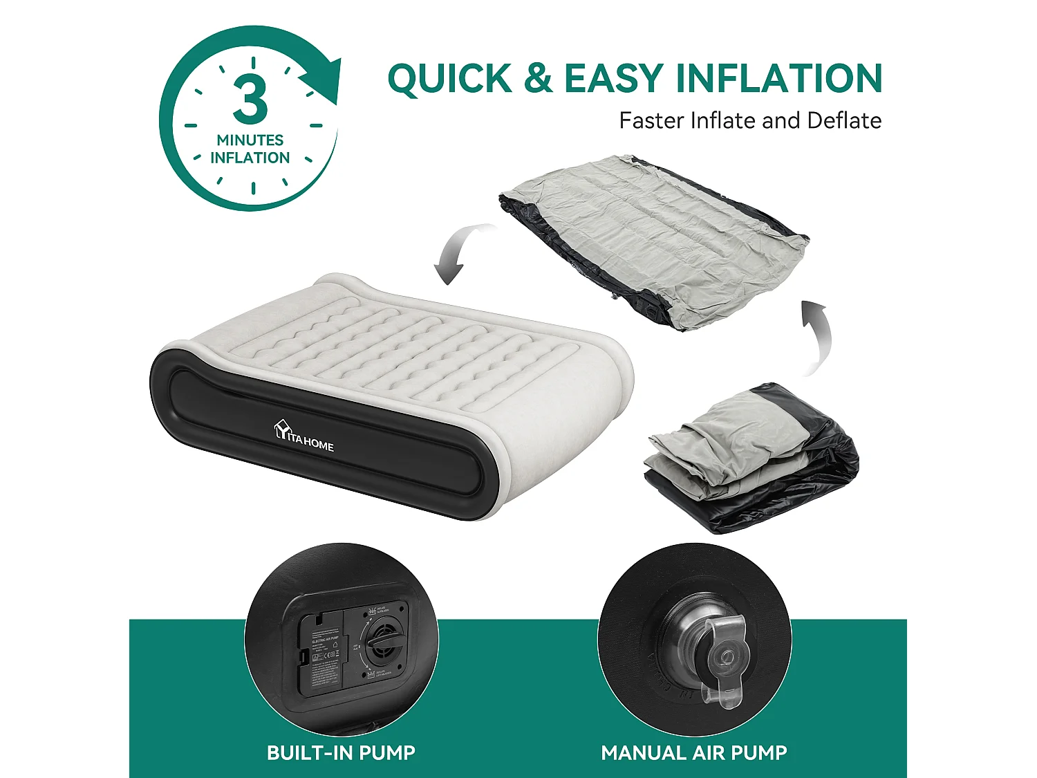 YITAHOME Metalas Gonflable - 2 Place avec Oreiller Intégré et Pompe Électrique Intégrée - 203 x 99 x 43 cm - Gris & Noir