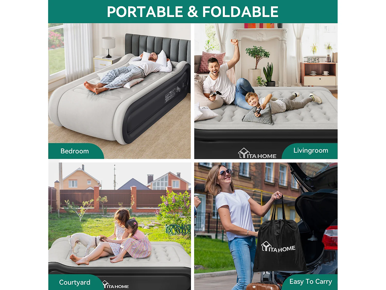 YITAHOME Metalas Gonflable - 2 Place avec Oreiller Intégré et Pompe Électrique Intégrée - 203 x 99 x 43 cm - Gris & Noir