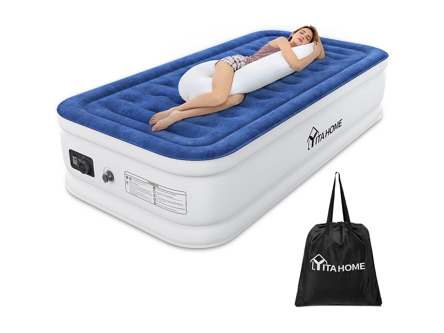 YITAHOME Matelas Gonflable - 1 Personne - Pompe Électrique Intégrée - Lit Gonflable - pour Invités - Camping - 191 x 99 x 46 cm - Bleu & Blanc