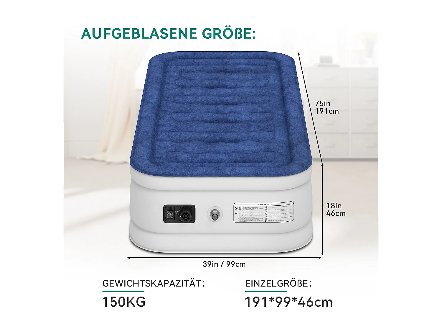 YITAHOME Matelas Gonflable - 1 Personne - Pompe Électrique Intégrée - Lit Gonflable - pour Invités - Camping - 191 x 99 x 46 cm - Bleu & Blanc