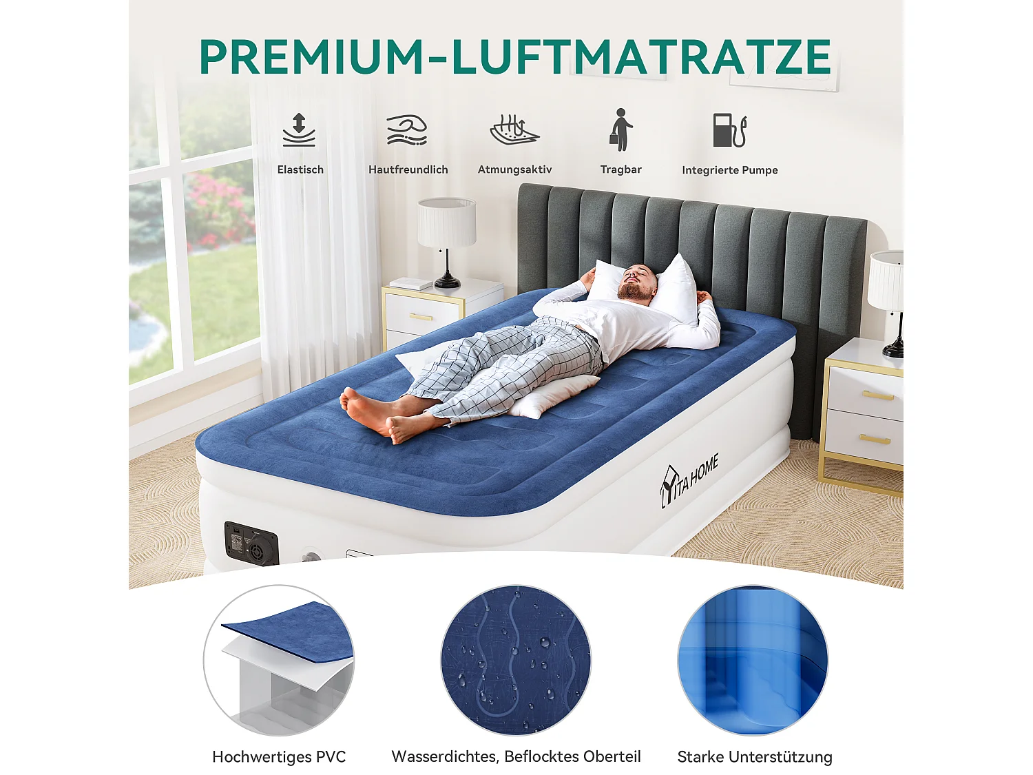 YITAHOME Matelas Gonflable - 1 Personne - Pompe Électrique Intégrée - Lit Gonflable - pour Invités - Camping - 191 x 99 x 46 cm - Bleu & Blanc