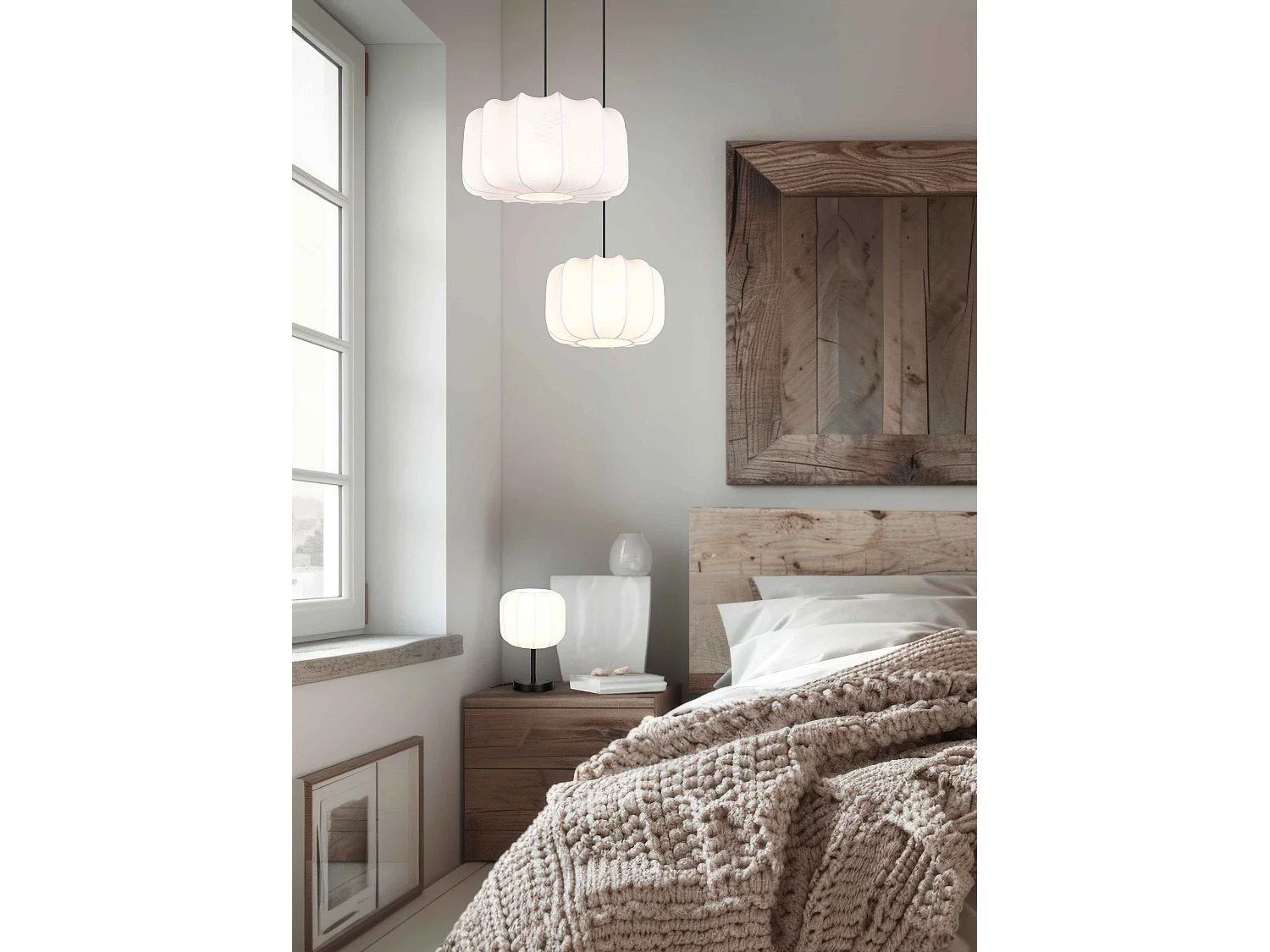 Lampada da tavolo, tessuto e metallo, bianco e nero, H 32 cm, Madeline