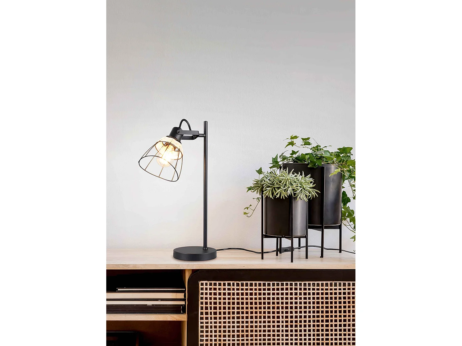 Lampada da tavolo, rattan e metallo, naturale e nero, H 50 cm, Jerome