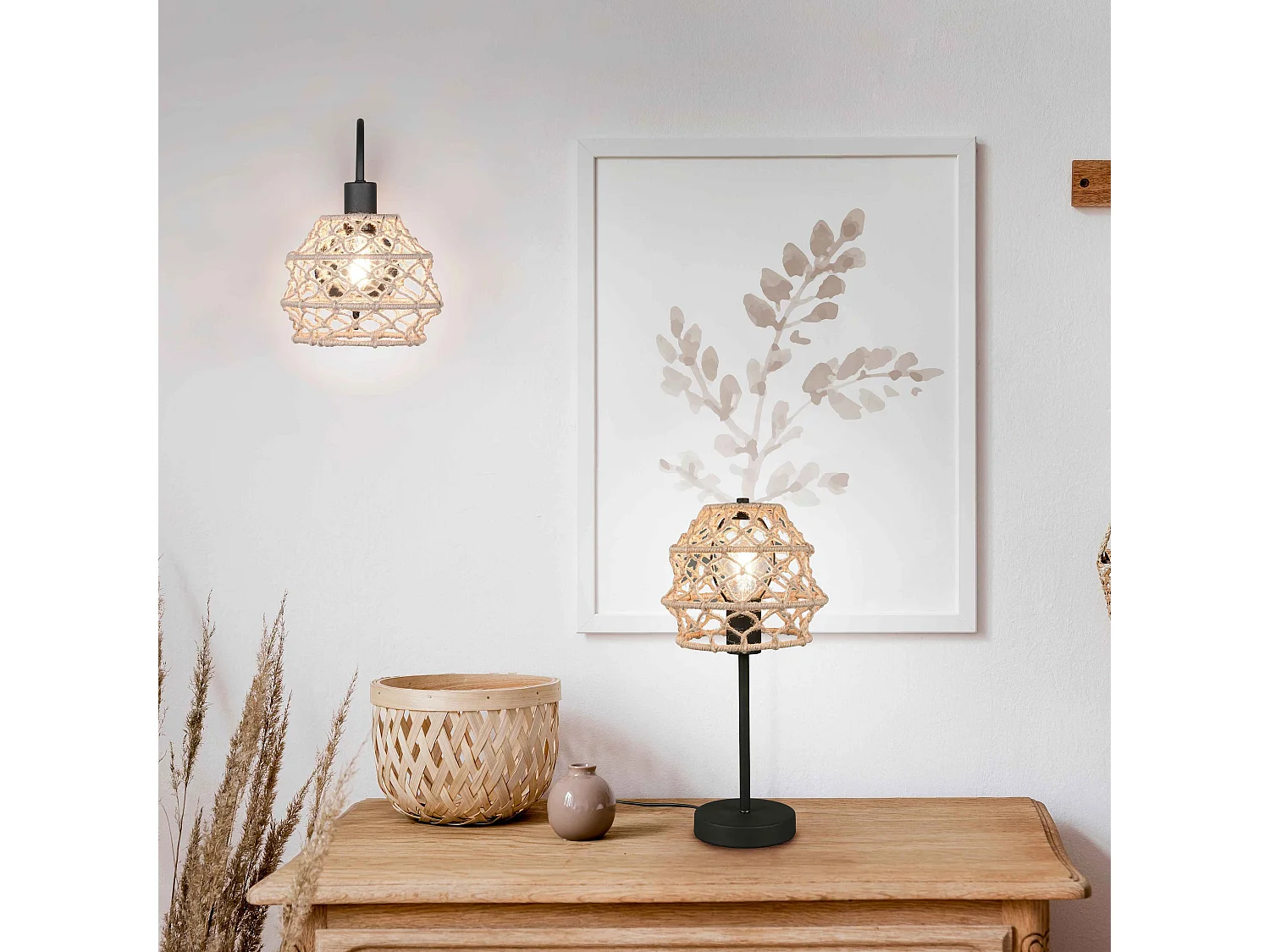 Lampada da tavolo, canapa e metallo, naturale e nero, H 42 cm, Hive