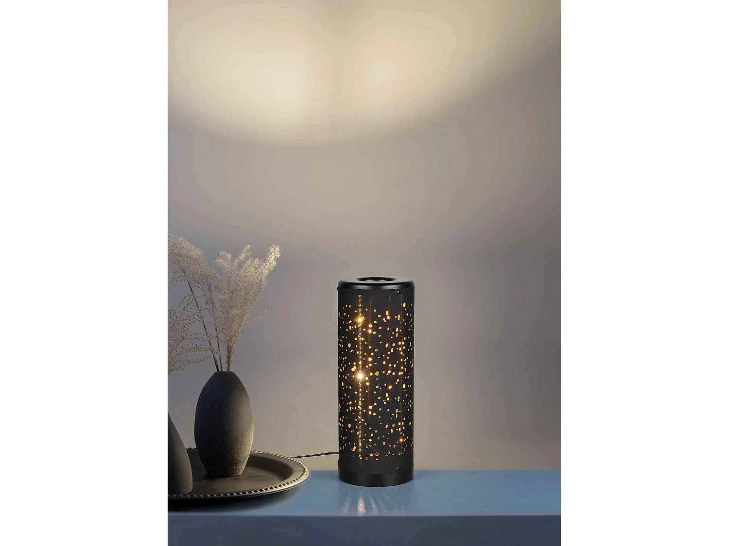 Lampada da tavolo LED, plastica e tessuto, nero e oro, H 35 cm, Taco