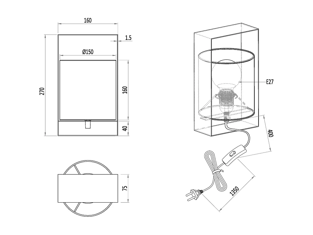 Lampe de table 27 cm métal et tissu Pail