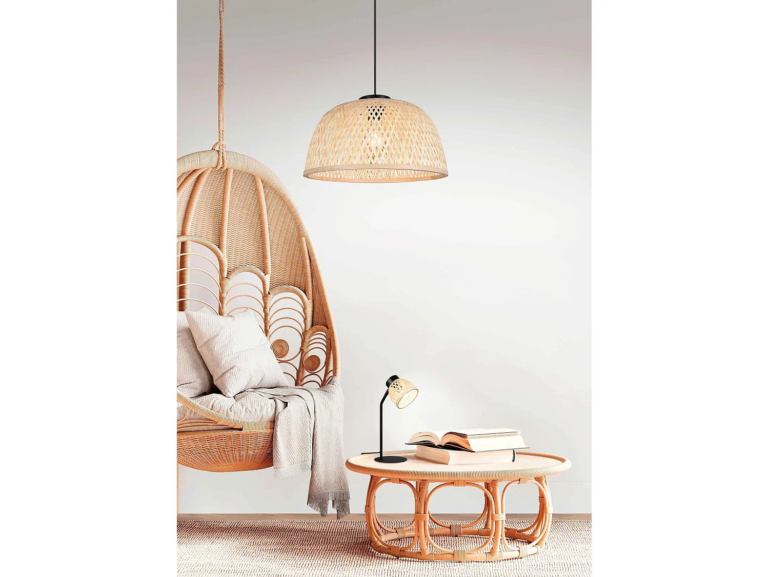 Lampada da tavolo, bambù e metallo, naturale e nero, H 36 cm, Laurent