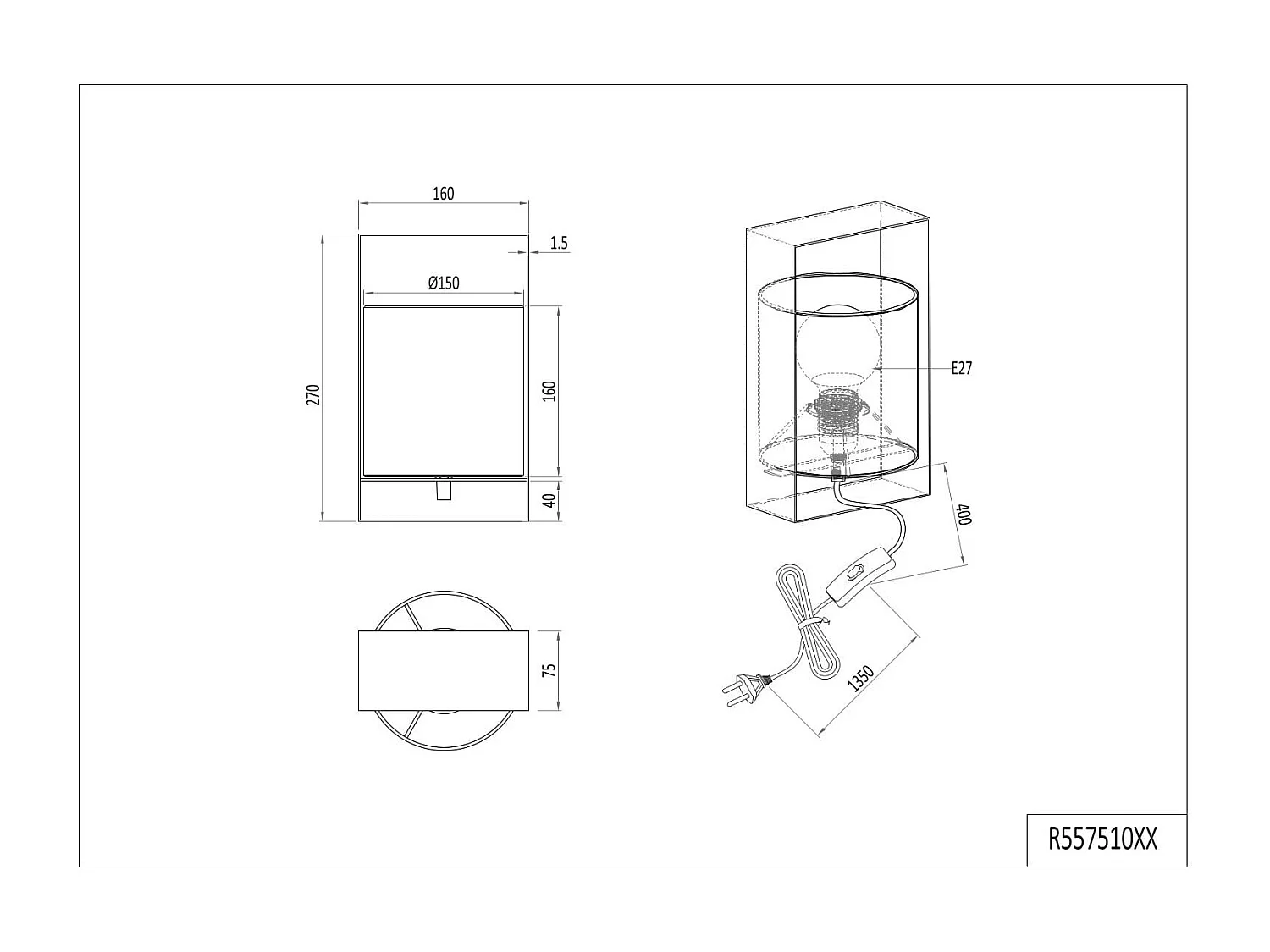 Lampe de table 27 cm métal et tissu Pail