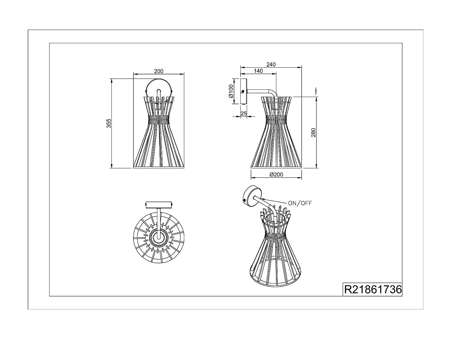 Applique, legno e metallo nero, H 36 cm, Alice
