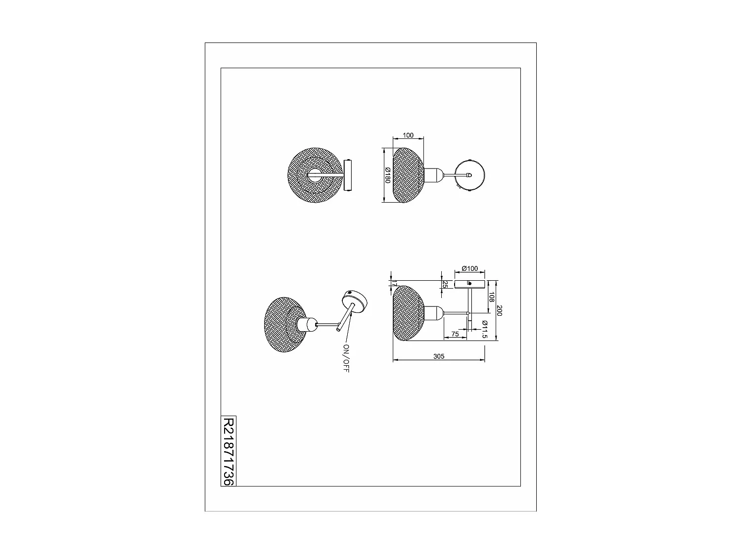 Applique, bambù e metallo nero, H 31 cm, Leonie