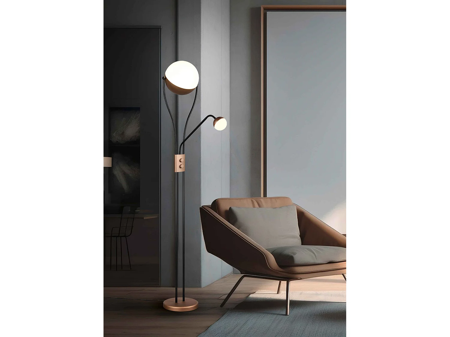 Piantana c/lampada lettura, metallo, nero e caffè, H 180 cm, Chris