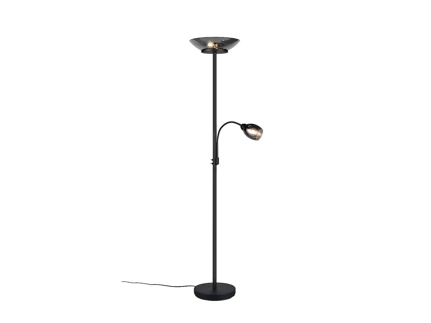 Piantana c/accensione separata, metallo e vetro, nero e fumé, H 180 cm, Gerry