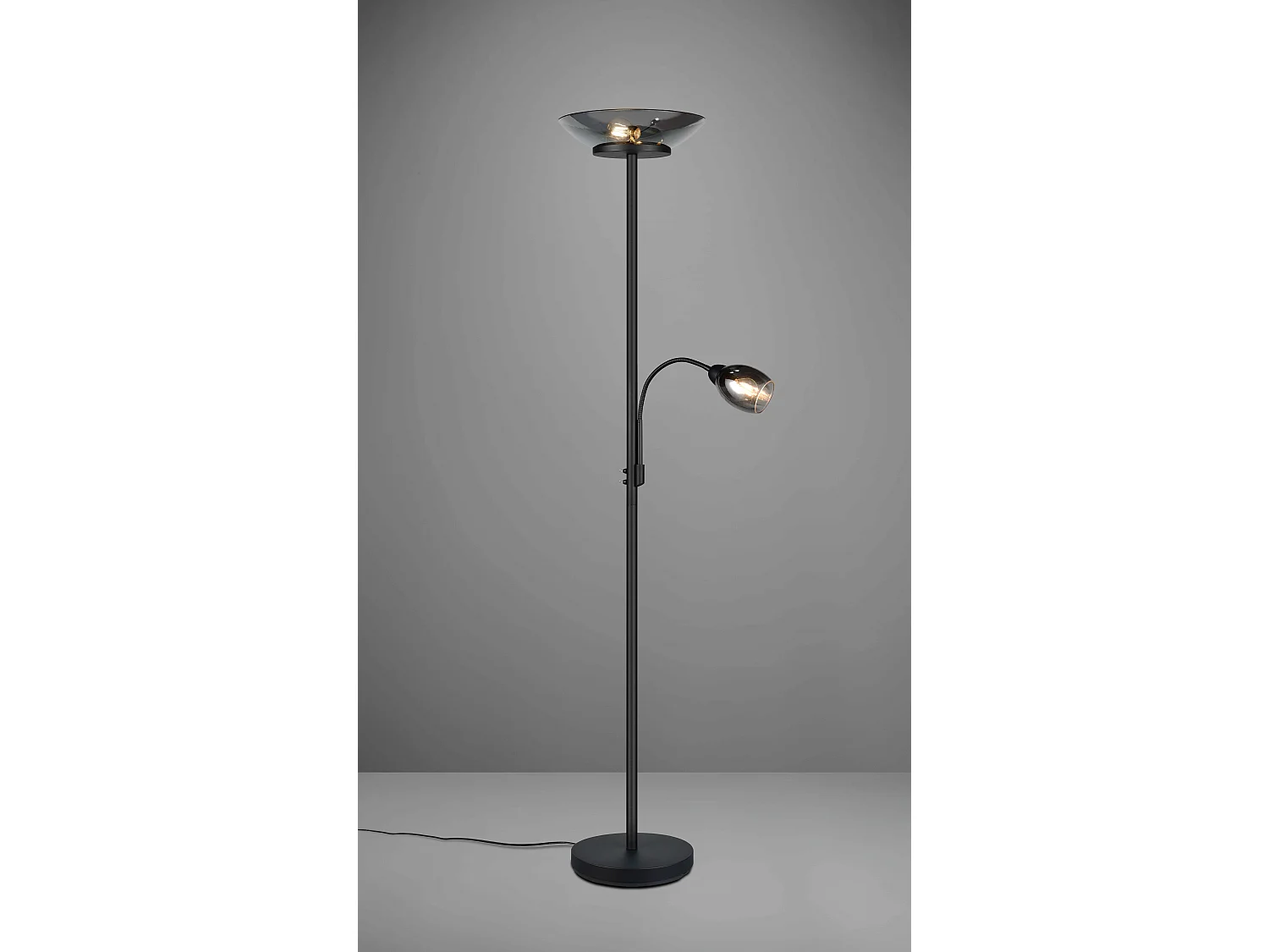 Piantana c/accensione separata, metallo e vetro, nero e fumé, H 180 cm, Gerry