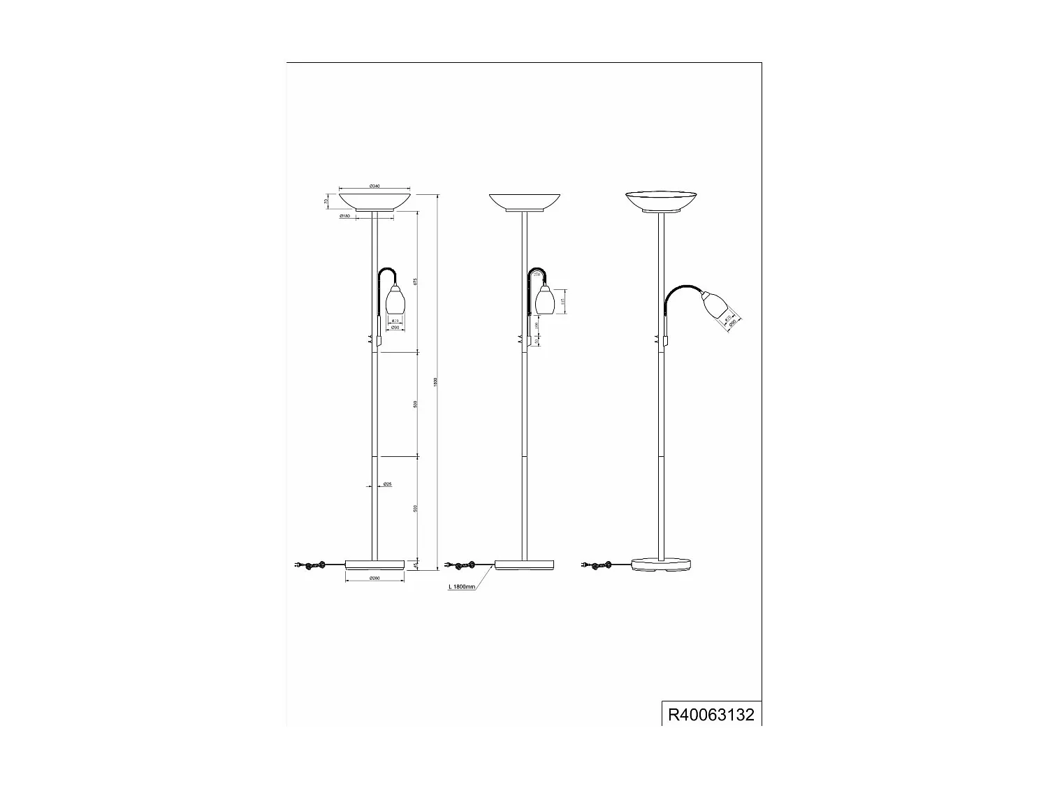 Piantana c/accensione separata, metallo e vetro, nero e fumé, H 180 cm, Gerry