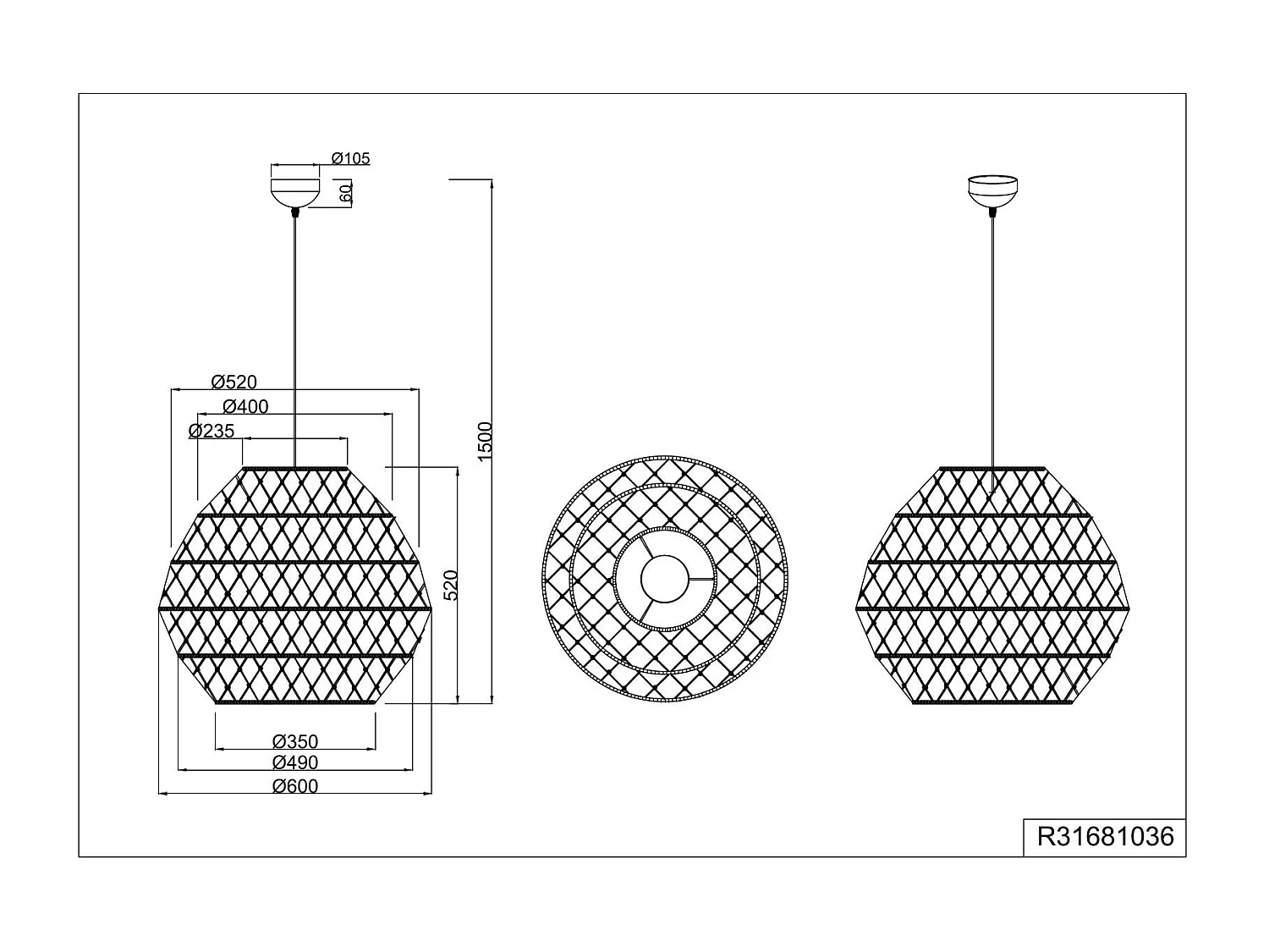 Lampada a sospensione, canapa e metallo, naturale e nero, D 60 cm, Hive