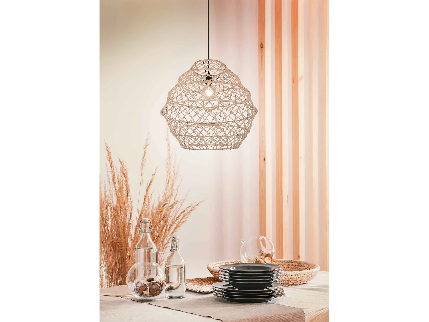 Lampada a sospensione, canapa e metallo, naturale e nero, D 60 cm, Hive