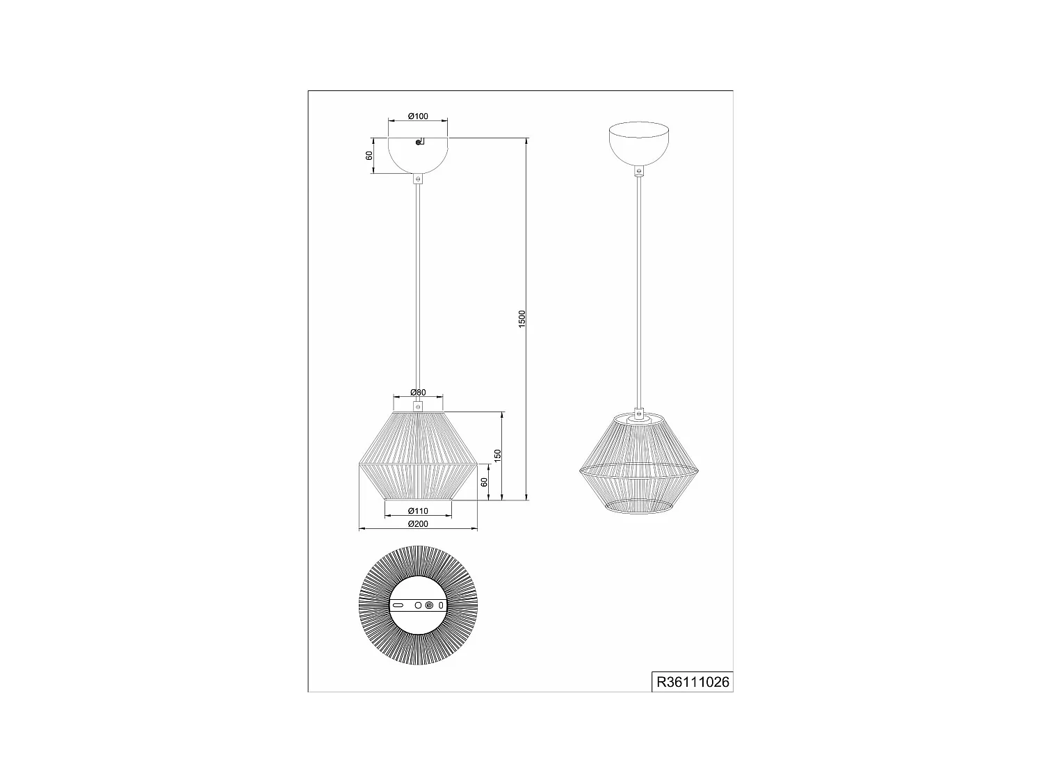 Lampada a sospensione, fibre naturali, D 20 cm, Lucille