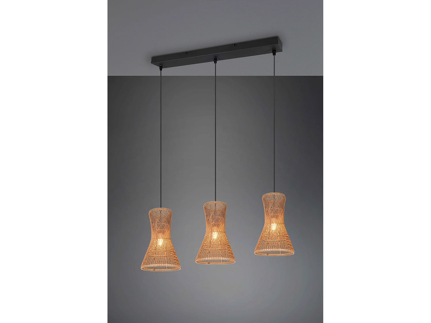 Lampada a sospensione 3 diffusori, fibre naturali, L 75 cm, Bijou