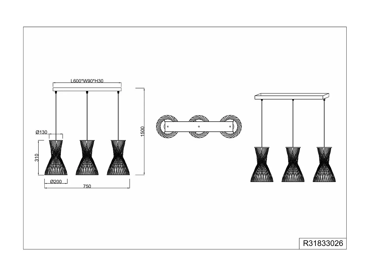 Lampada a sospensione 3 diffusori, fibre naturali, L 75 cm, Bijou