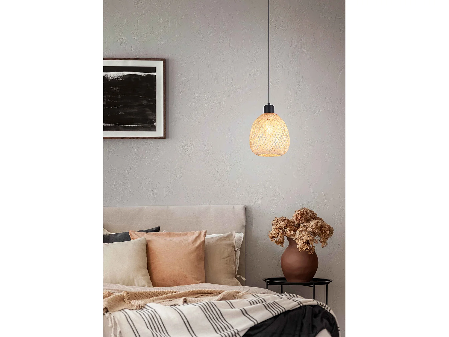 Lampada a sospensione, bambù e metallo nero, D 18 cm, Amelie