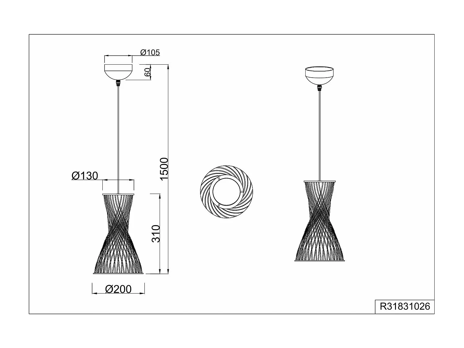 Lampada a sospensione, fibre naturali, D 20 cm, Bijou