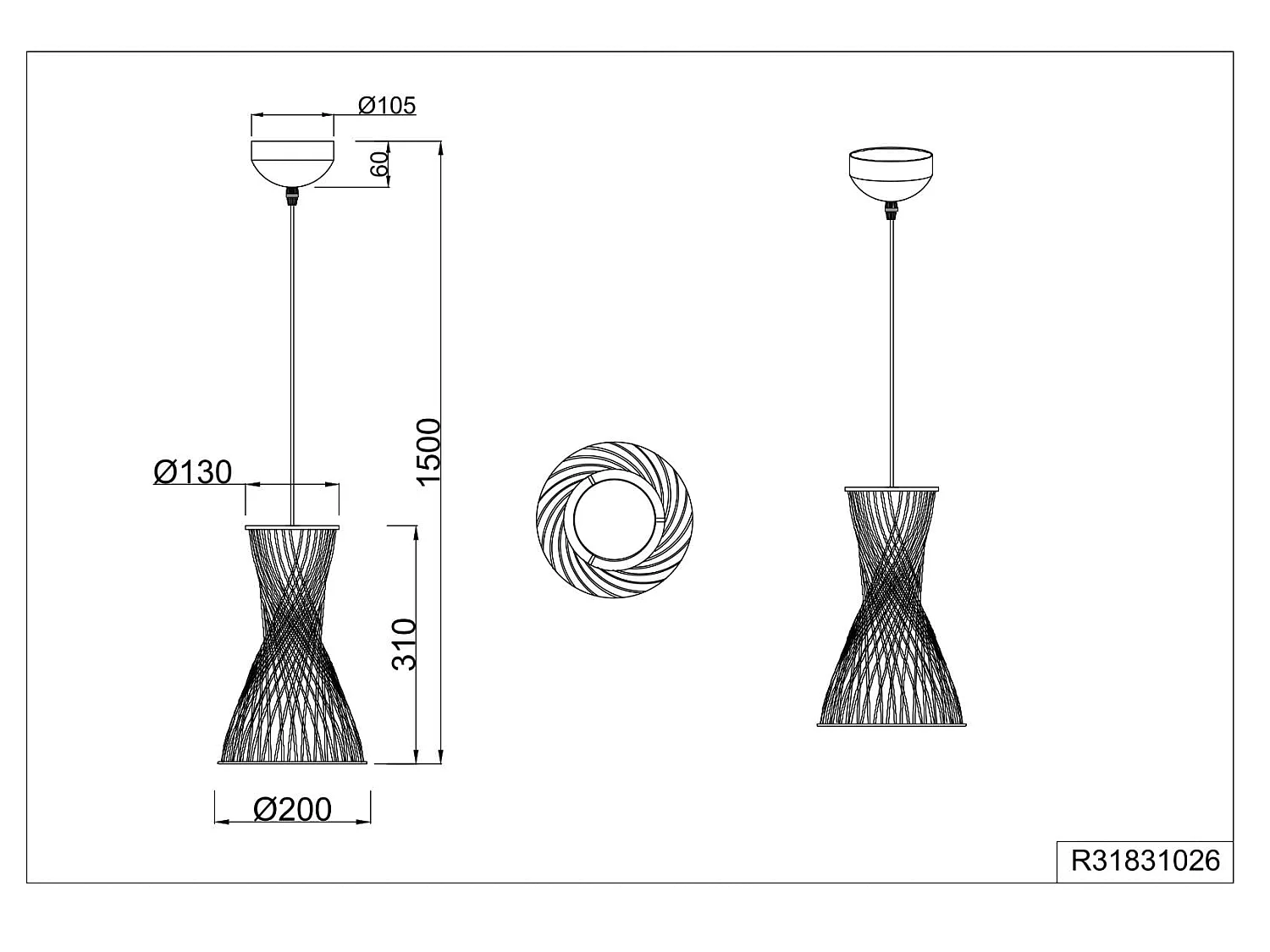 Hanglamp BIJOU - 20x20x150 cm - Zwart