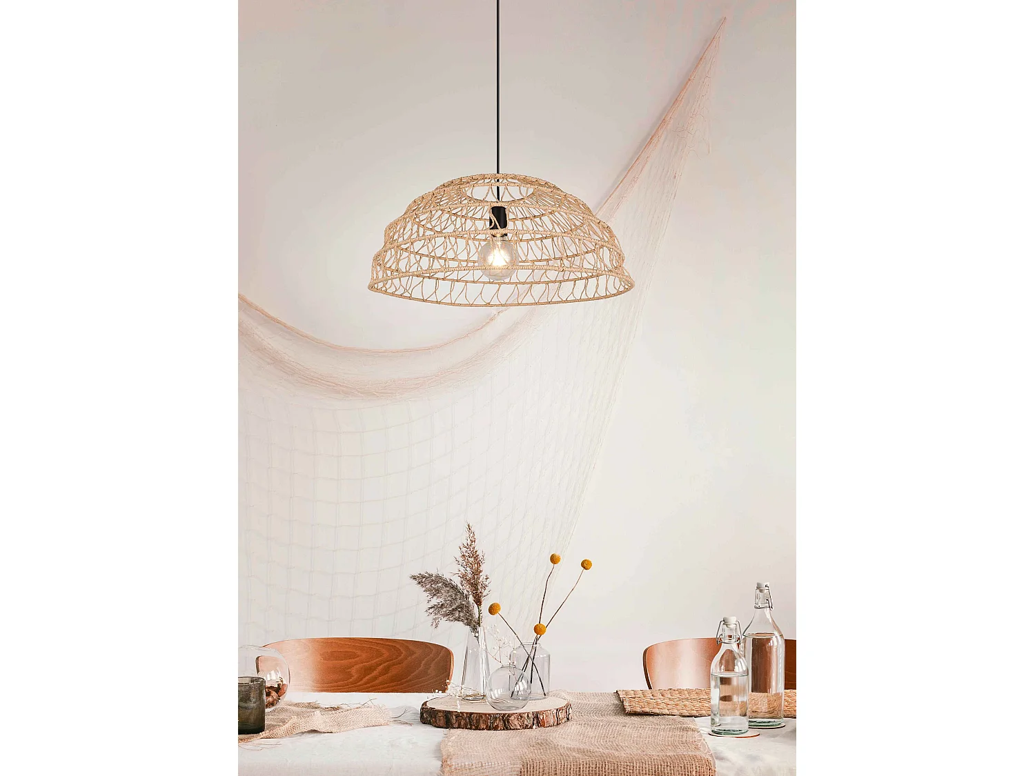 Lampada a sospensione, fibre naturali e metallo nero, D 60 cm, Paulette