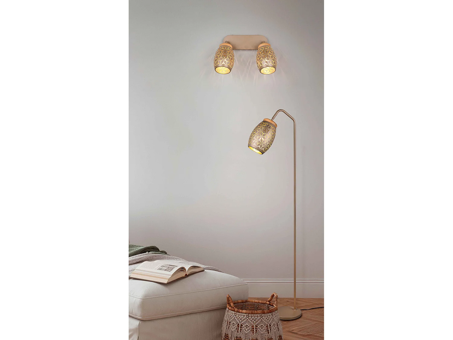 Barra 2 spots, metallo, caffè e legno, L 28 cm, Bidar