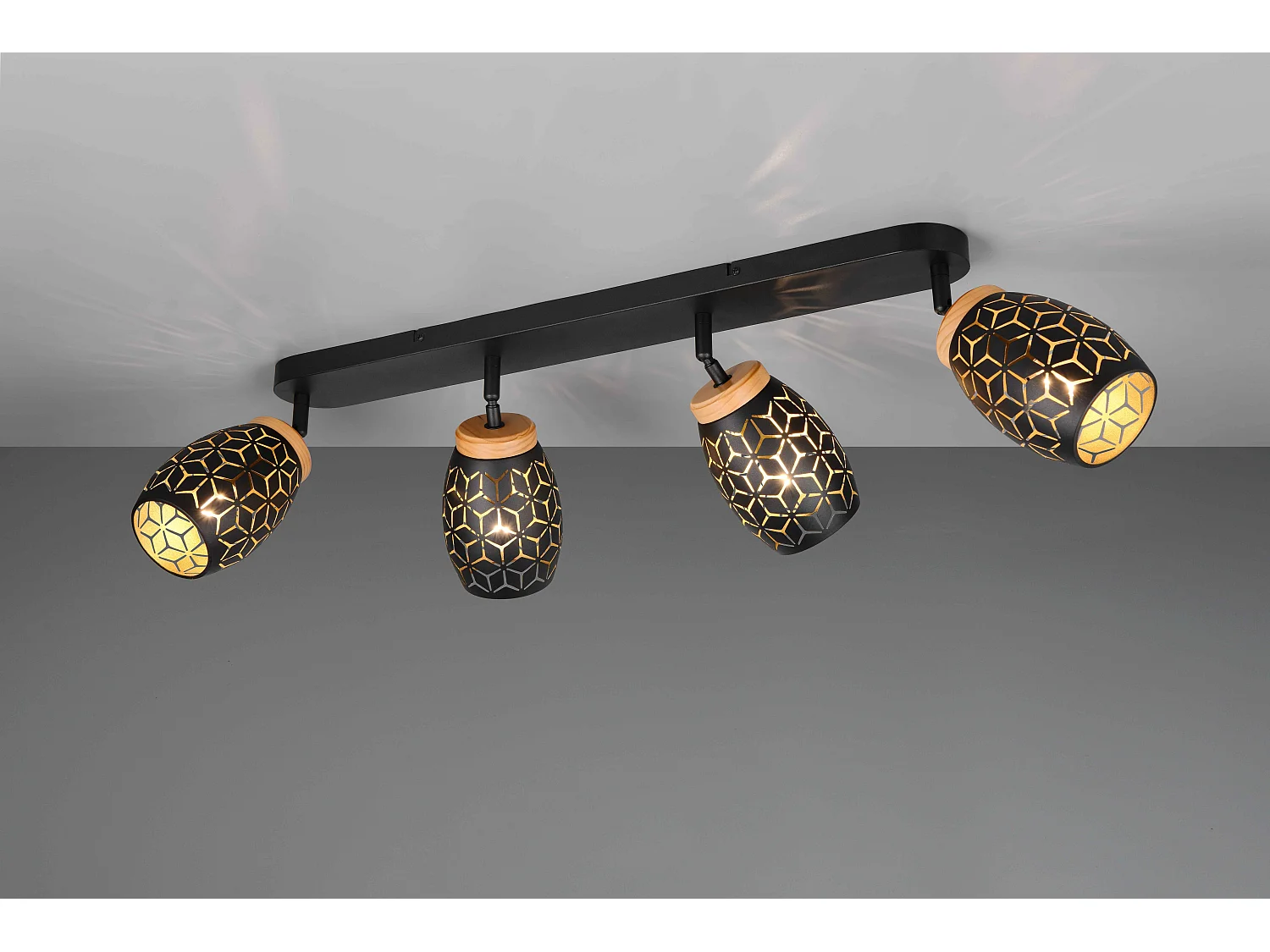 Barra 4 spots, metallo, nero e legno, L 74 cm, Bidar