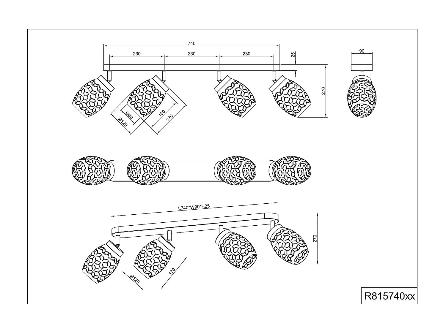 Barra 4 spots, metallo, nero e legno, L 74 cm, Bidar