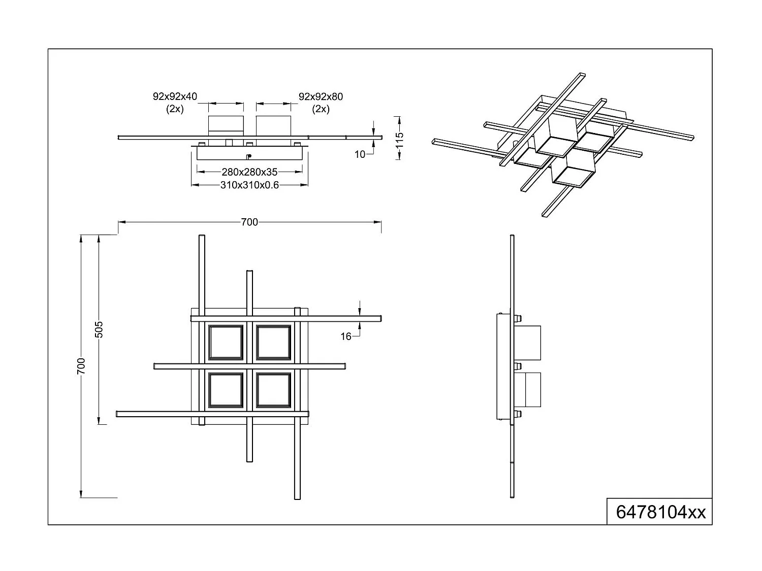 Plafoniera LED, metallo, nero, 70x70 cm, Roger