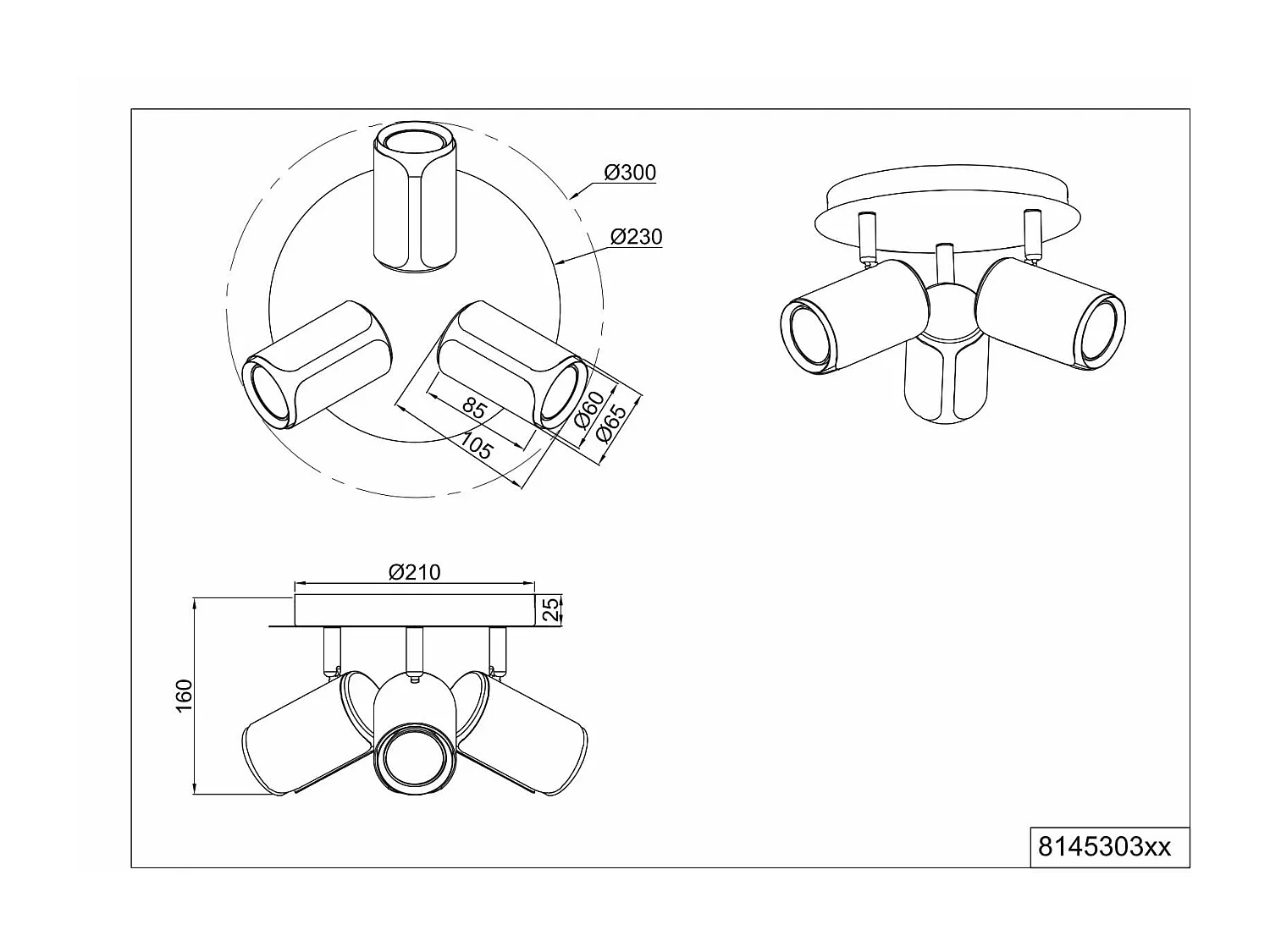 Plafoniera 3 spots, metallo, nero e caffè, D 30 cm, Gillan