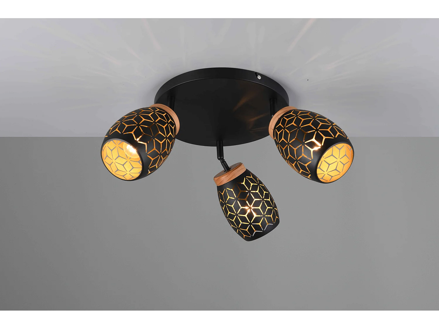 Plafoniera 3 spots, metallo, nero e legno, D 58 cm, Bidar
