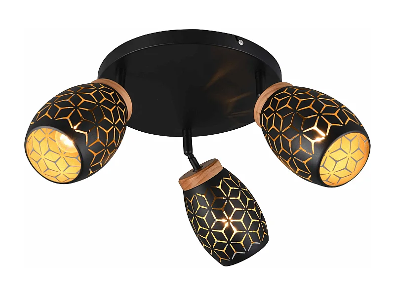 Plafoniera 3 spots, metallo, nero e legno, D 58 cm, Bidar