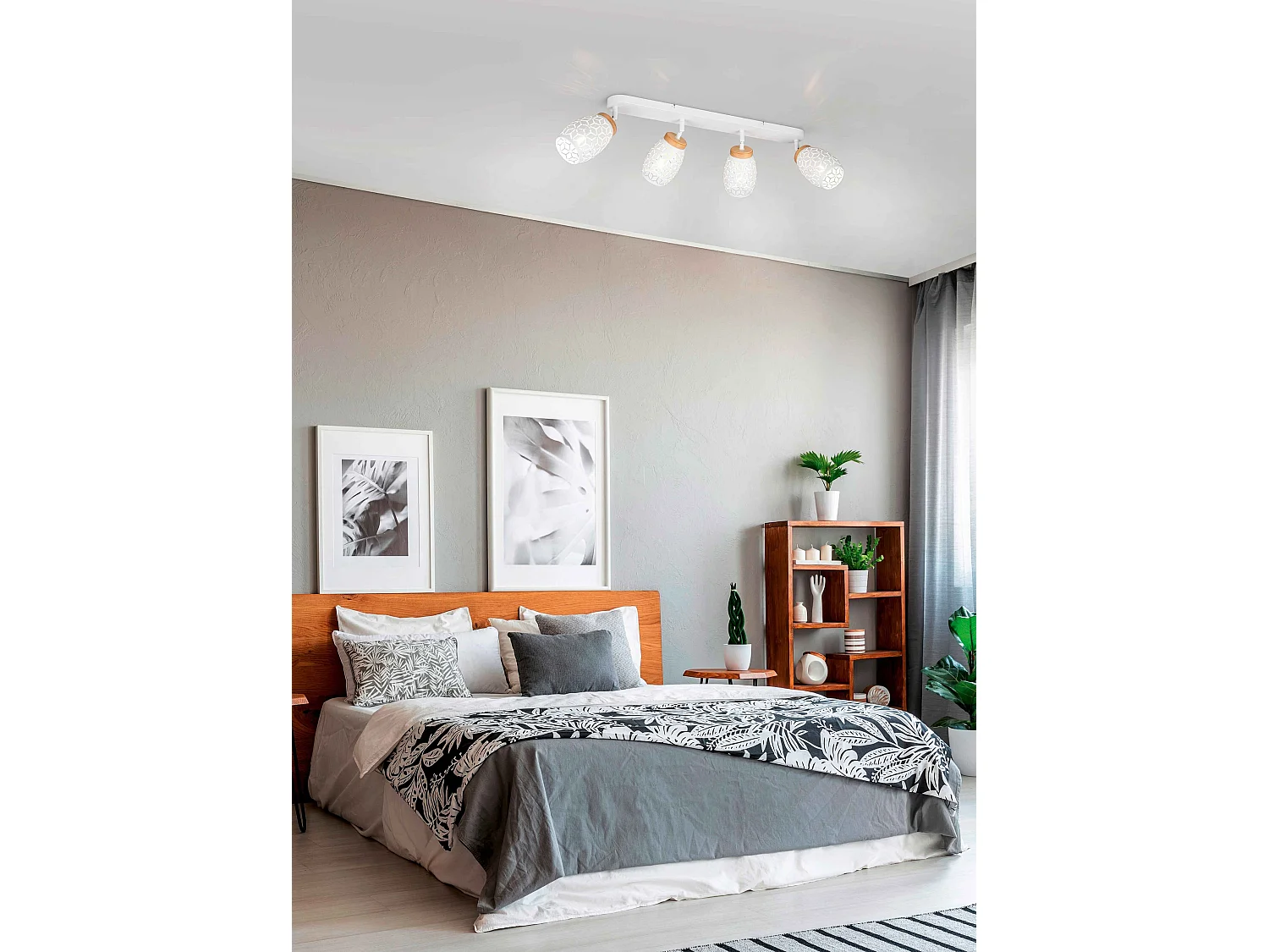 Barra 4 spots, metallo, bianco e legno, L 74 cm, Bidar