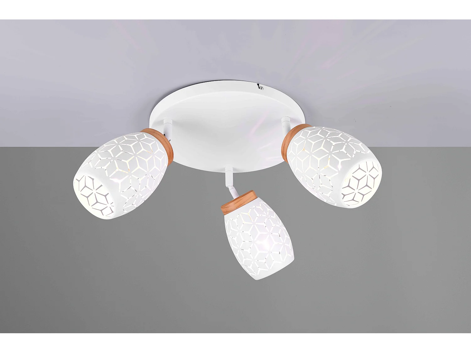 Plafoniera 3 spots, metallo, bianco e legno, D 58 cm, Bidar
